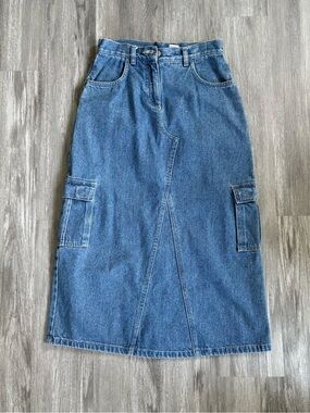 Classic Blue Denim Maxi Skirt with Cargo Pockets